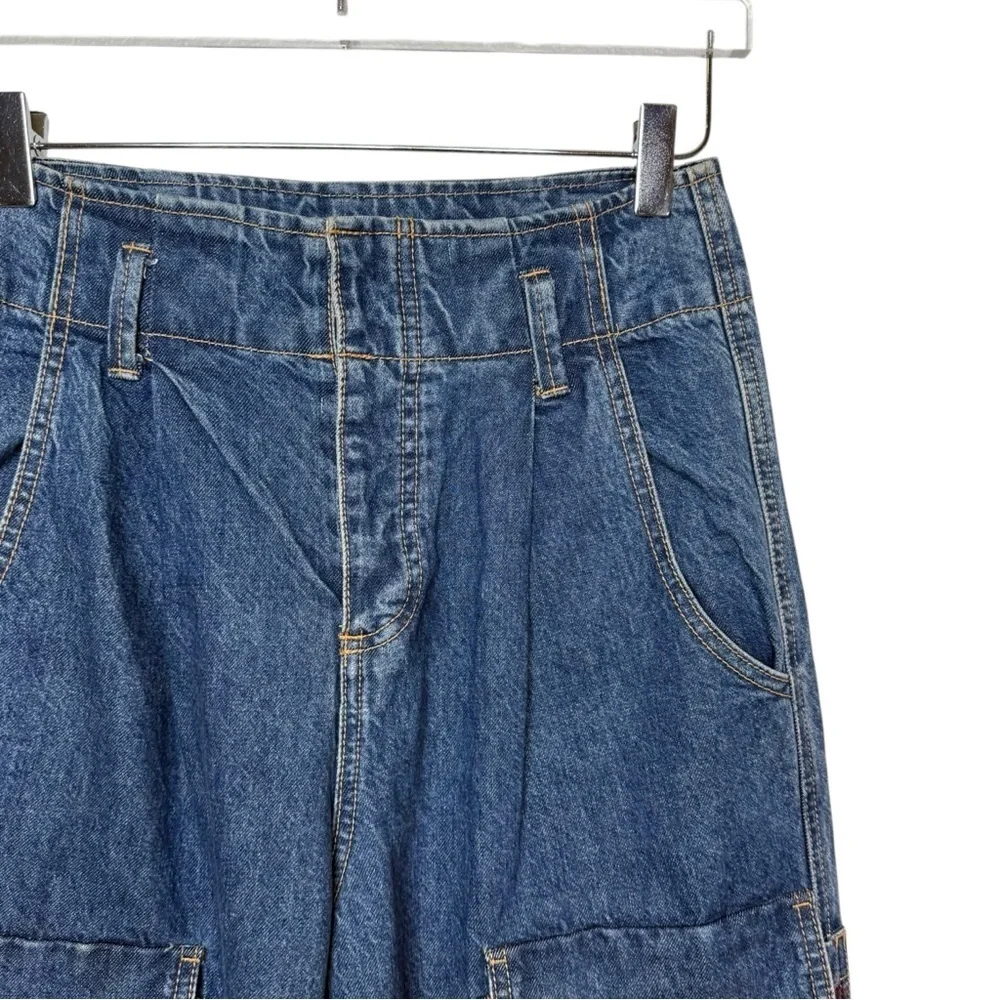 Happy x Nature Patchwork Plaid Pocket Wide Leg Jeans Boho Cottagecore Sz 4